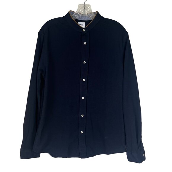 Zara Button Front Top Mens Large Blue Regular Fit Elbow Patches - Picture 1 of 9